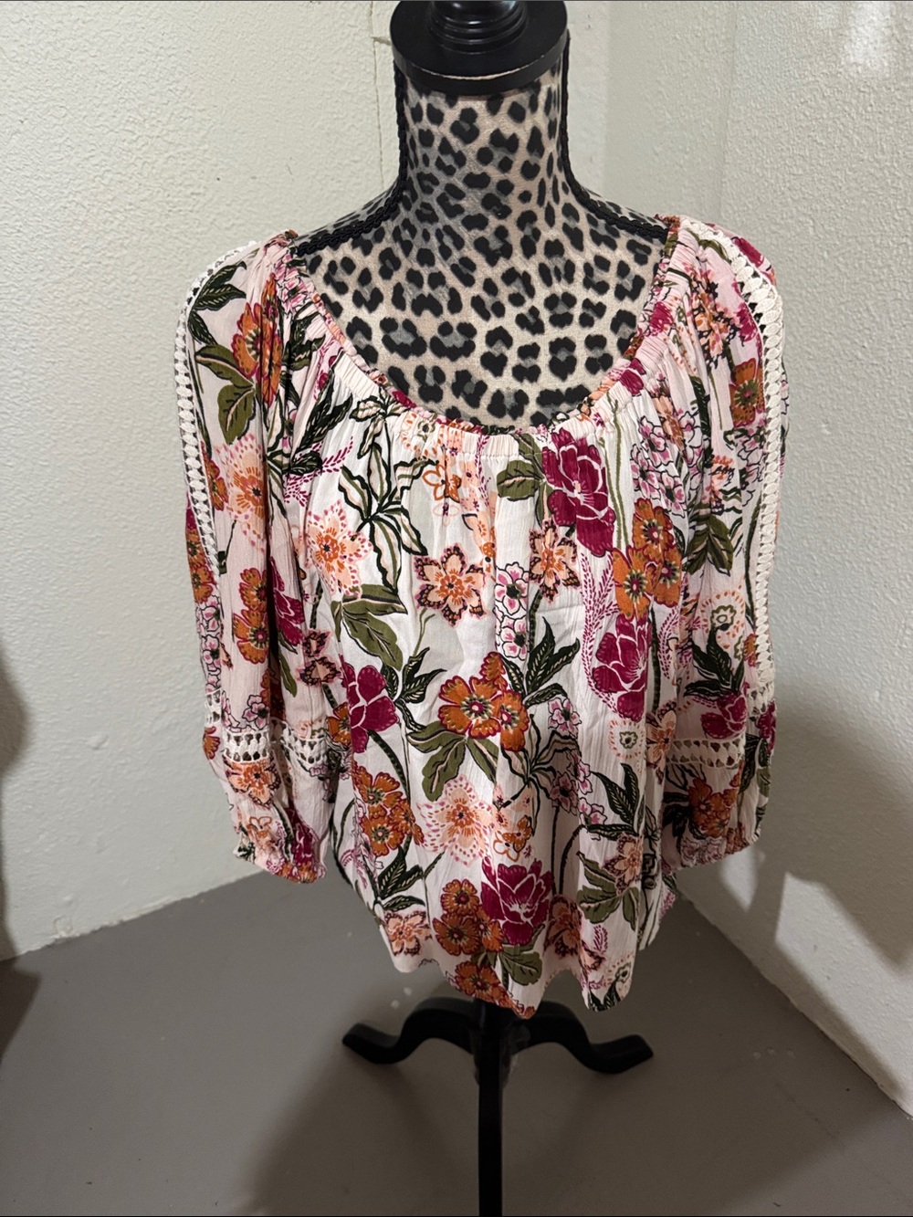 Nostalgia Pink Floral Peasant Blouse with Orange and Green Accents